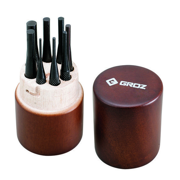 GROZ PIN PUNCH SET IN ROUND WOODEN CASE 100MM OAL 8 PCE